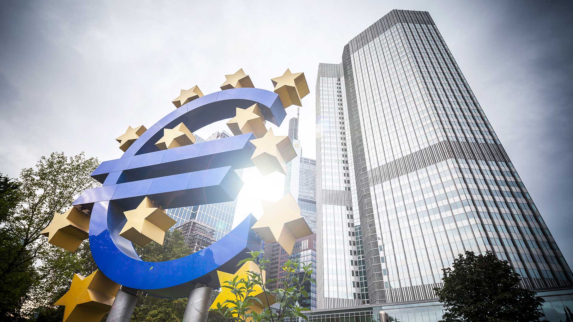 Здание банка и знак валюты символизирующие гражданство ЕС за инвестиции