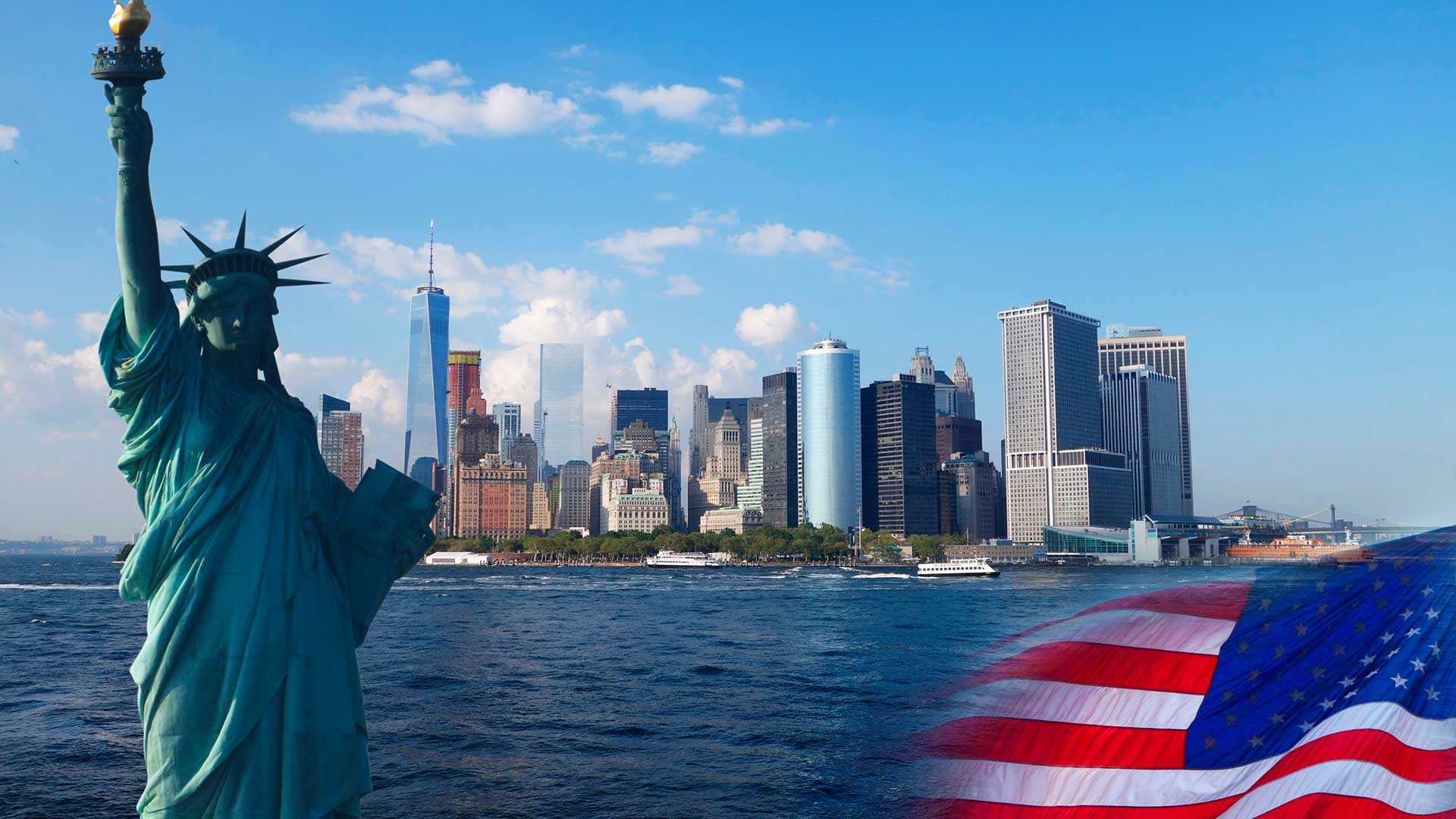 Статуя свободы и флаг США как символ больших возможностей для иммигрантов с грин-картой